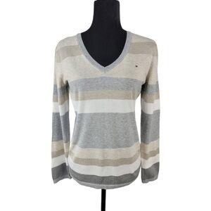 Tommy Hilfiger Woman’s V-neck pullover sweater striped cream tan color size M